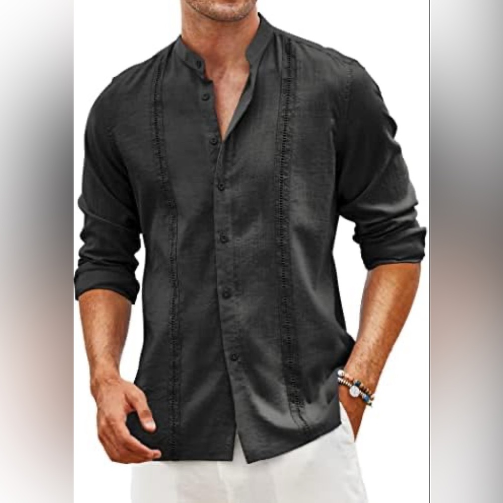Coofandy Embroidered Men’s Black Linen Button-Down Shirt Long Sleeve Size XL